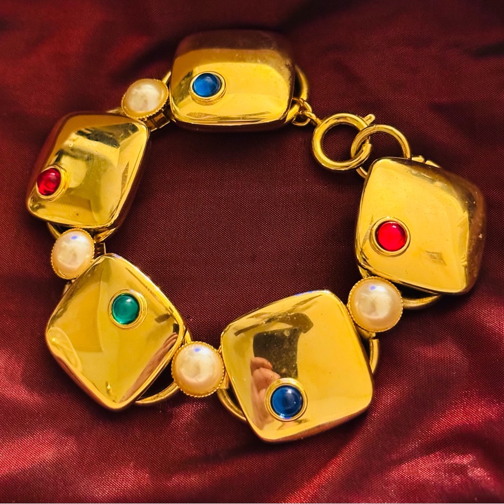 Modern Mogul Gold Bracelet with Pearls and Multicolored Cabochons
